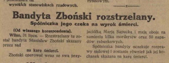 Сообщение о казни Станислава Збоньского 31 июля 1926 года. Источник: Łódzkie Echo Wieczorne