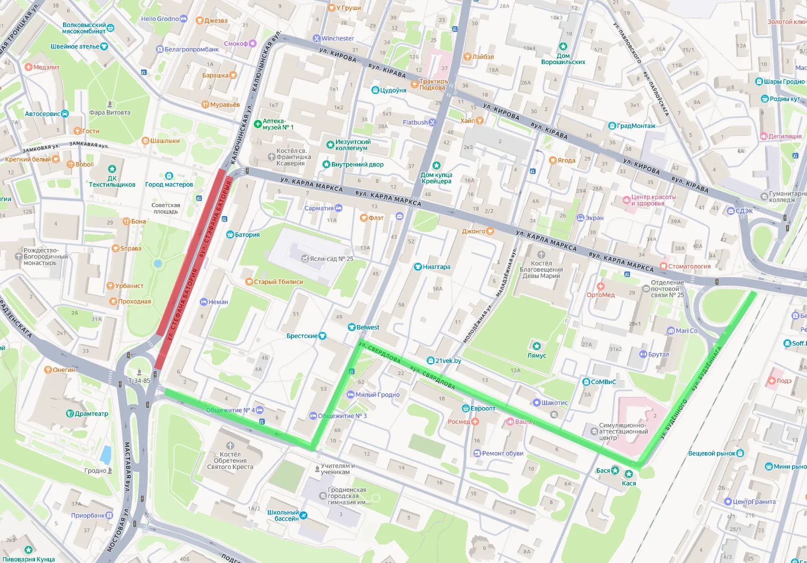 Схема объезда. Красным обозначена закрытая улица Стефана Батория. Зеленым - объезд для автобусов и маршруток. Схема Hrodna.life.